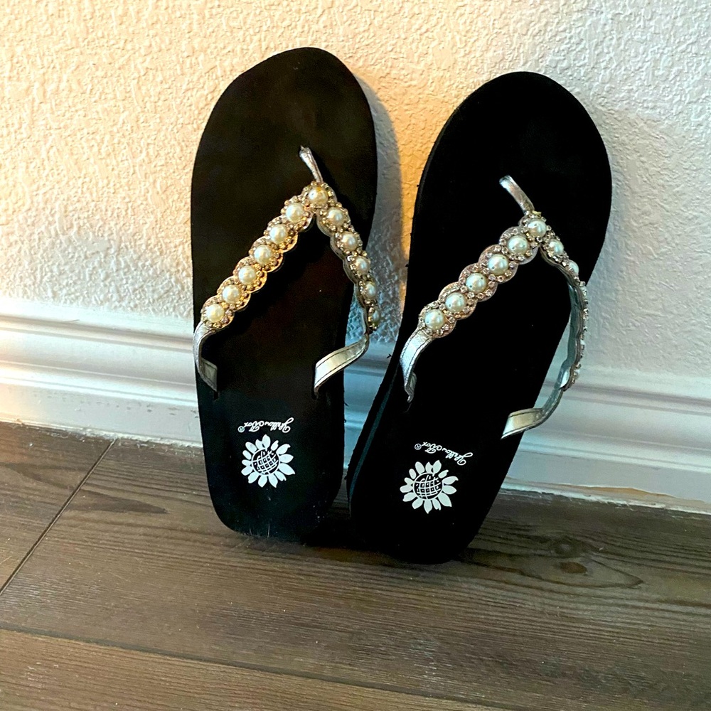 Yellow Box Black and Silver Sandals pearl embellished wedge heel sandals